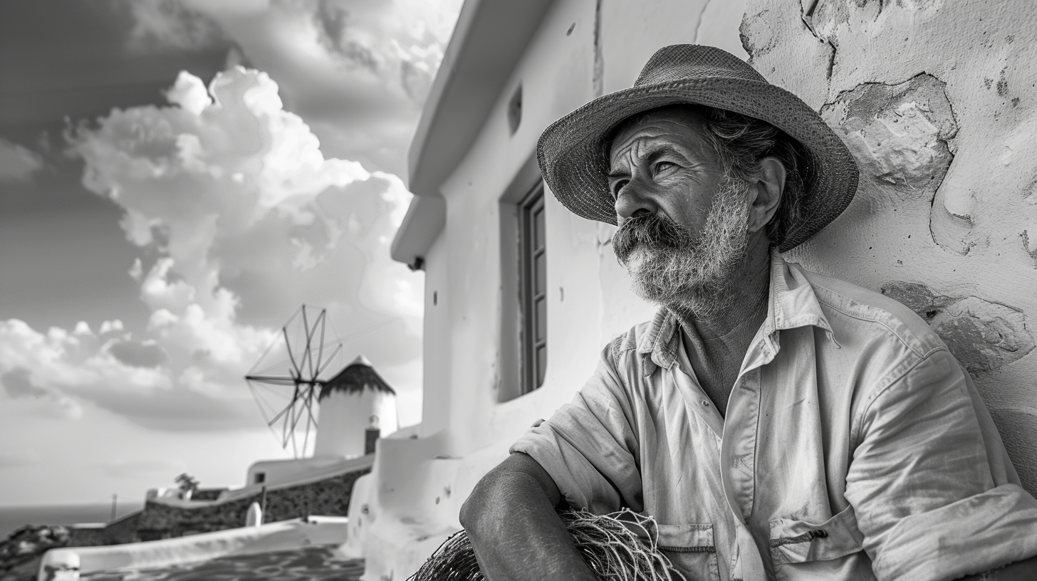 Weathered Mykonos fisherman resting against a white wall near a windmill
