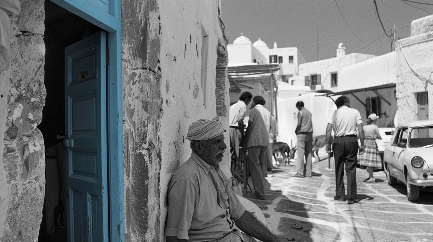 Old man resting in a sunlit Mykonos Town alley beside a blue door
